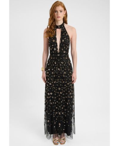 BEAUUT Women's Embellished Sequin Beaded Maxi Dress With Choker-Style Collar