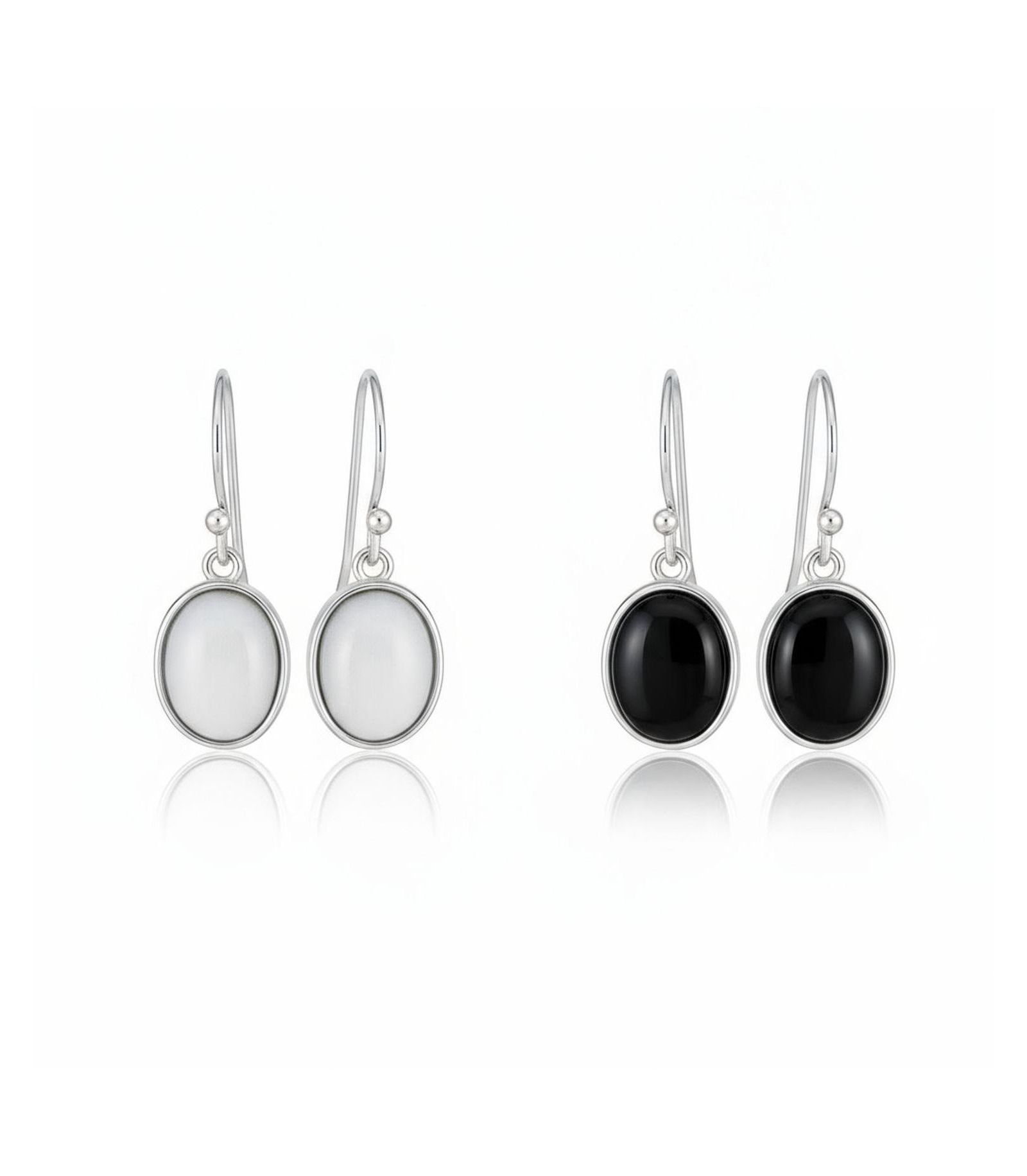 Серьги Bling Jewelry White Black Gemstone Bezel Oval Cabochon Drop Sterling Silver Set