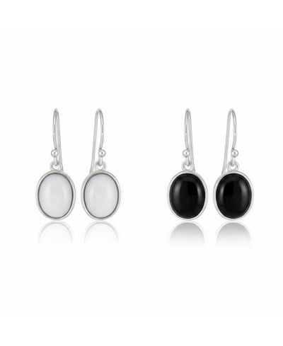 Серьги Bling Jewelry White Black Gemstone Bezel Oval Cabochon Drop Sterling Silver Set
