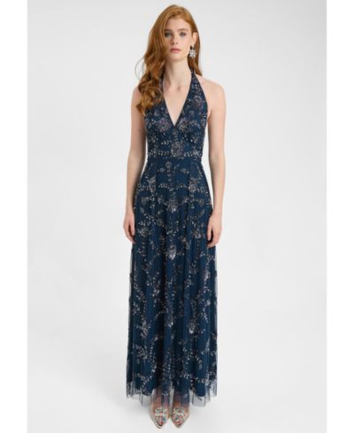 BEAUUT Women's Embellished Sequin Beaded Maxi Dress With Halter Neck With Deep V-Cut