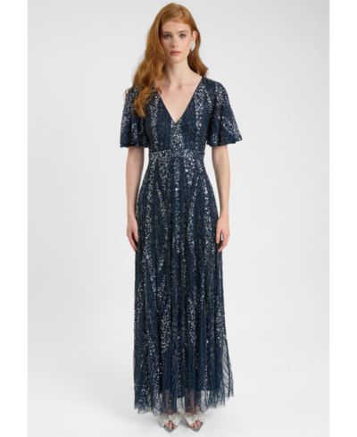 BEAUUT Women's Embellished Sequin Beaded Maxi Dress With Flutter Sleeve