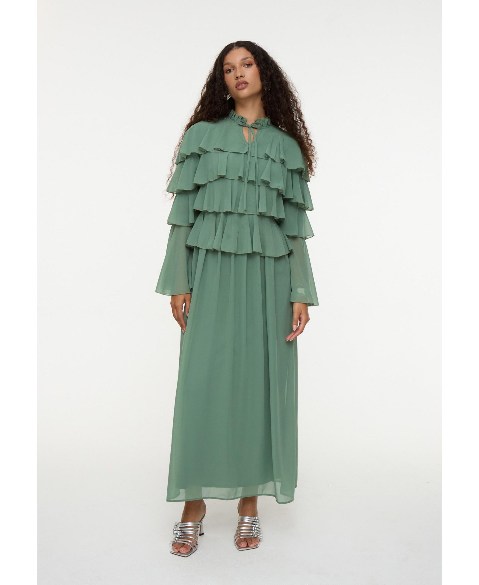 Maryisa Women's Modest Ruffle Chiffon Dress Maxi With Designer Sleeve