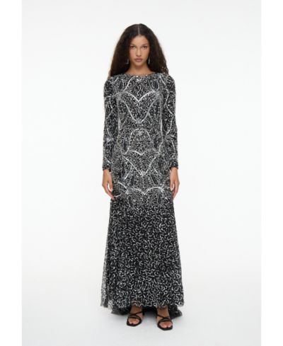 Maryisa Women's Modest Embellished Sequin Beaded Dress Maxi With Fit Bodice and Trail