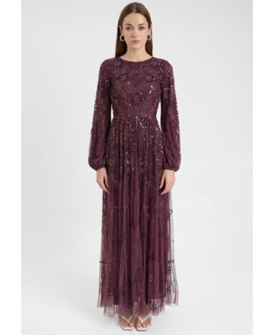 Maryisa Women's Modest Embellished Sequin Beaded Dress Maxi With Boat Neck