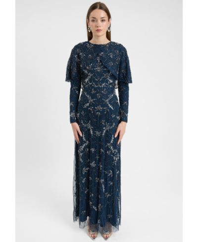 Maryisa Women's Modest Embellished Sequin Beaded Dress Maxi With Attached Cape