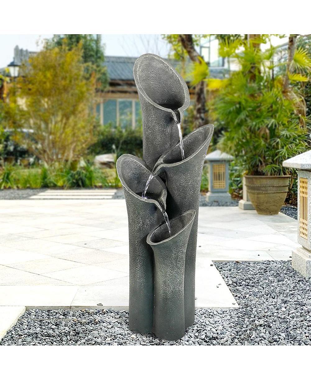 SunJet Faux Stone 33.5" 4-Tier Outdoor Water Fountain with LED Lights - Cascading Floor Fountain Indoor/Outdoor Waterfall Feature for Patio, Garden