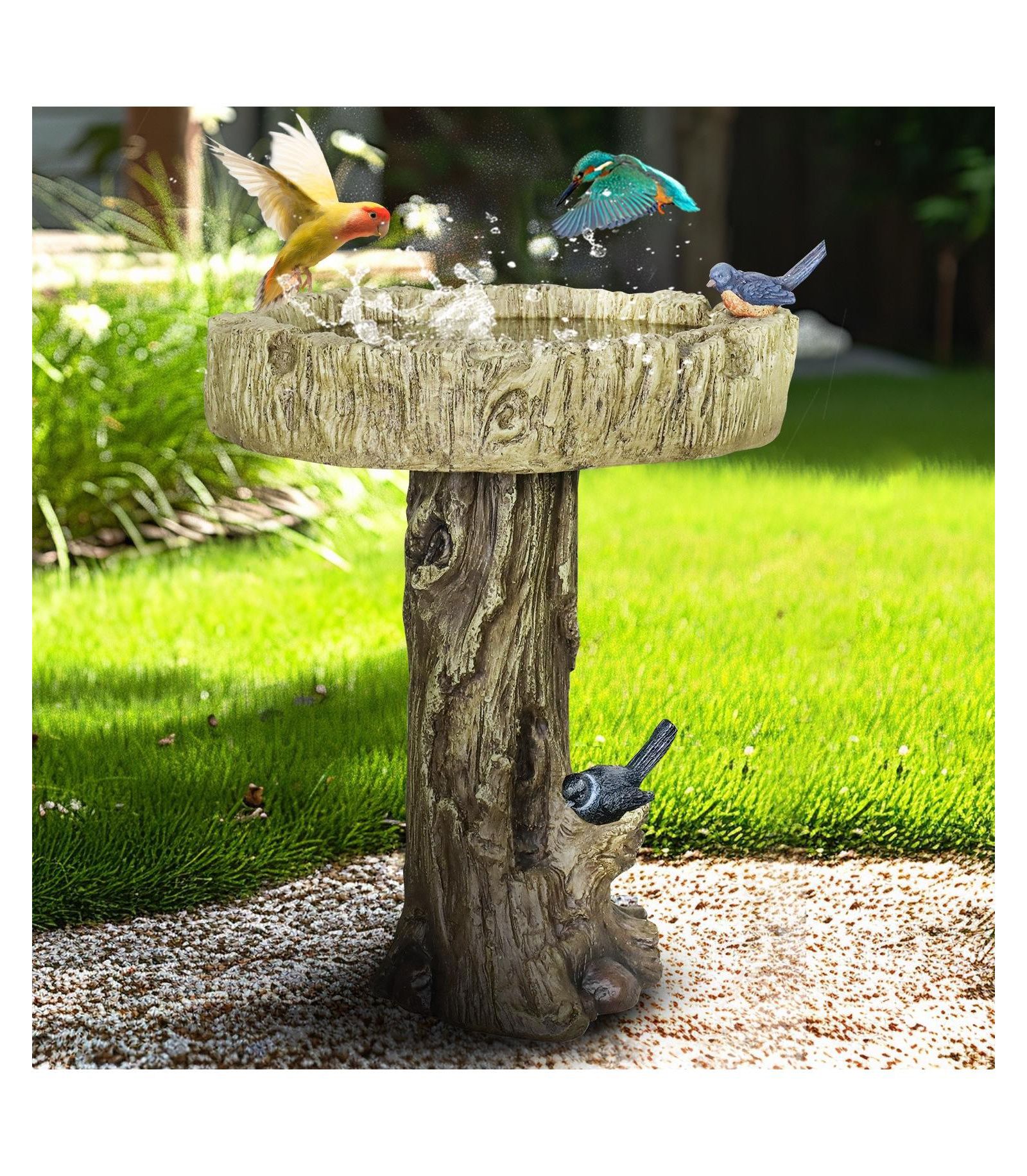 SunJet 24.4" Wood-Look Concrete Bird Bath with faux bird, rustic and durable design for garden decor.