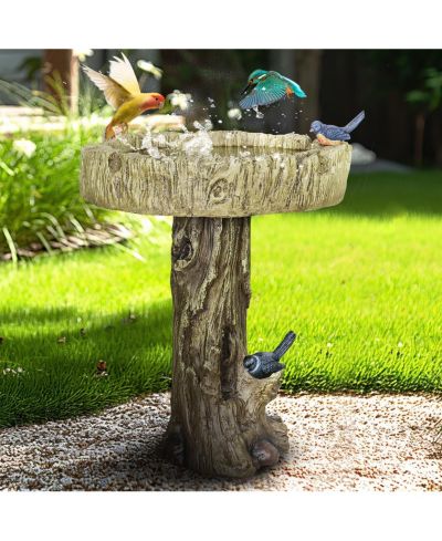 SunJet 24.4" Wood-Look Concrete Bird Bath with faux bird, rustic and durable design for garden decor.