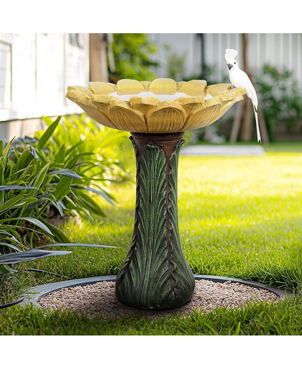 SunJet 24.4” Tall Outdoor Concrete Bird Bath - Sunflower Birdbath Bowl with Green Leaf Pedestal for Garden, Patio