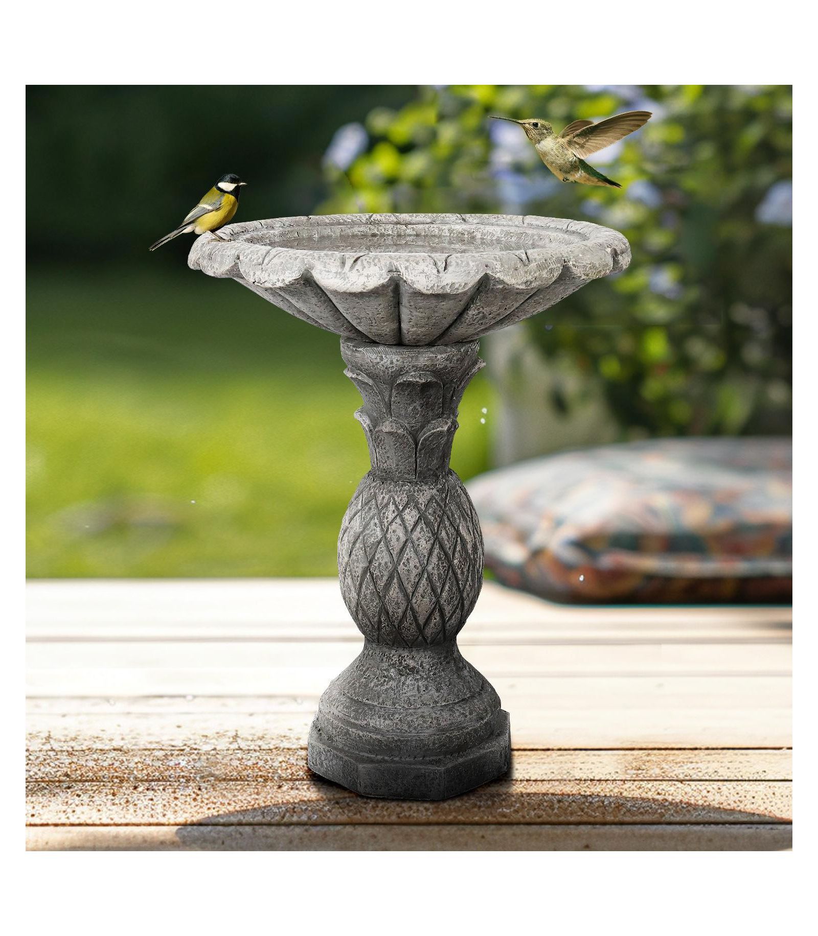 SunJet 24.8 Inch Heigh Concrete Bird Bath with Pineapple Texture – birdbath Sturdy & Elegant Design, Vintage Freestanding Style