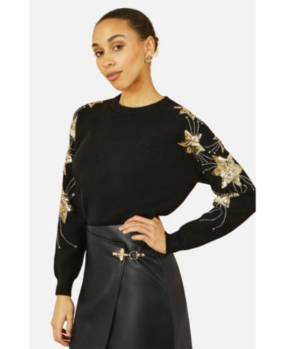Yumi Women's Sequin Star Detail Relaxed Fit Sweater