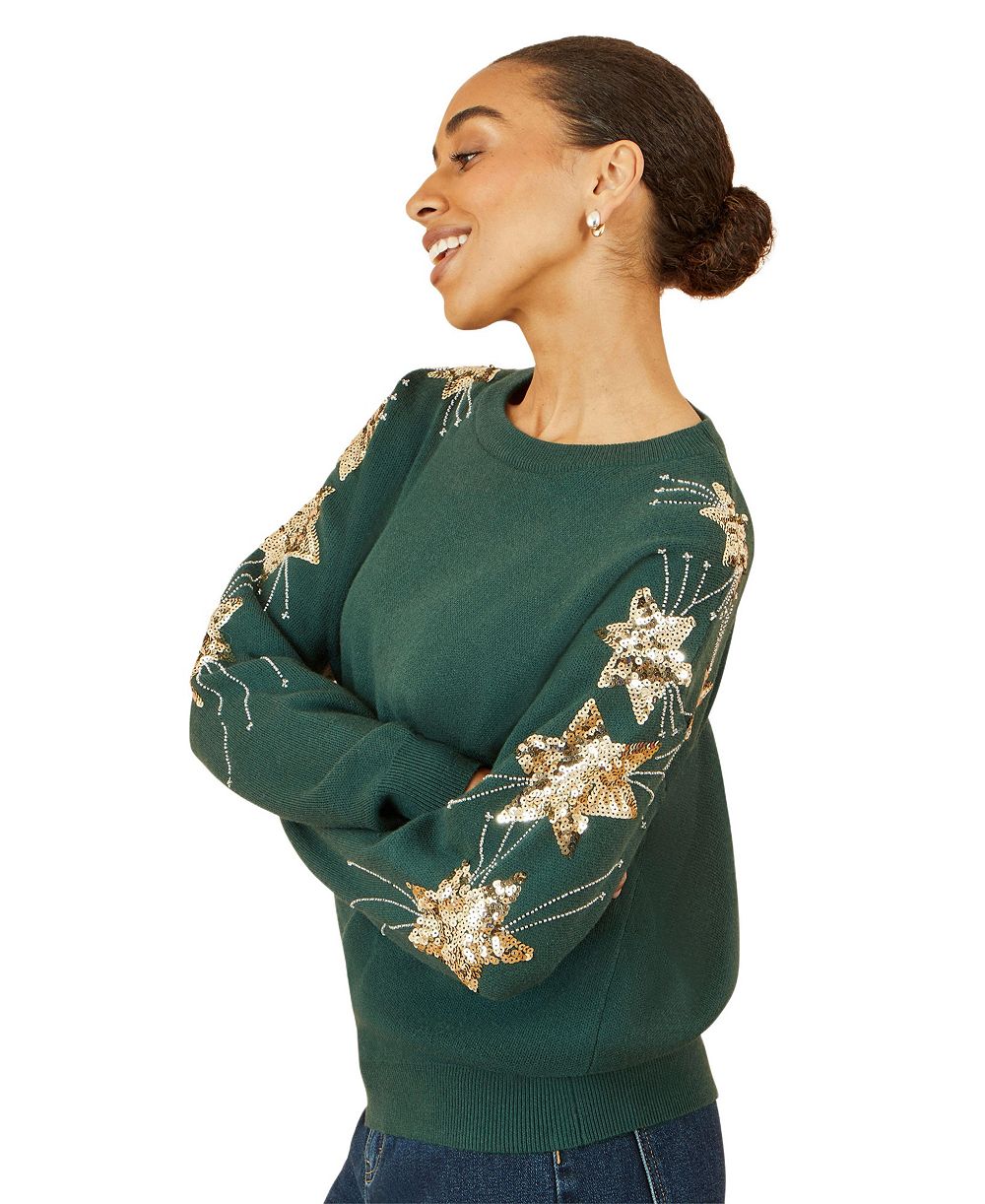 Yumi Women's Sequin Star Detail Relaxed Fit Sweater