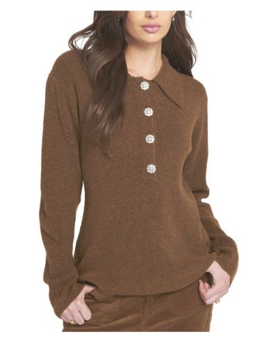 ELLE Collection Women's Fuzzy Knit Jumper Henley Sweater