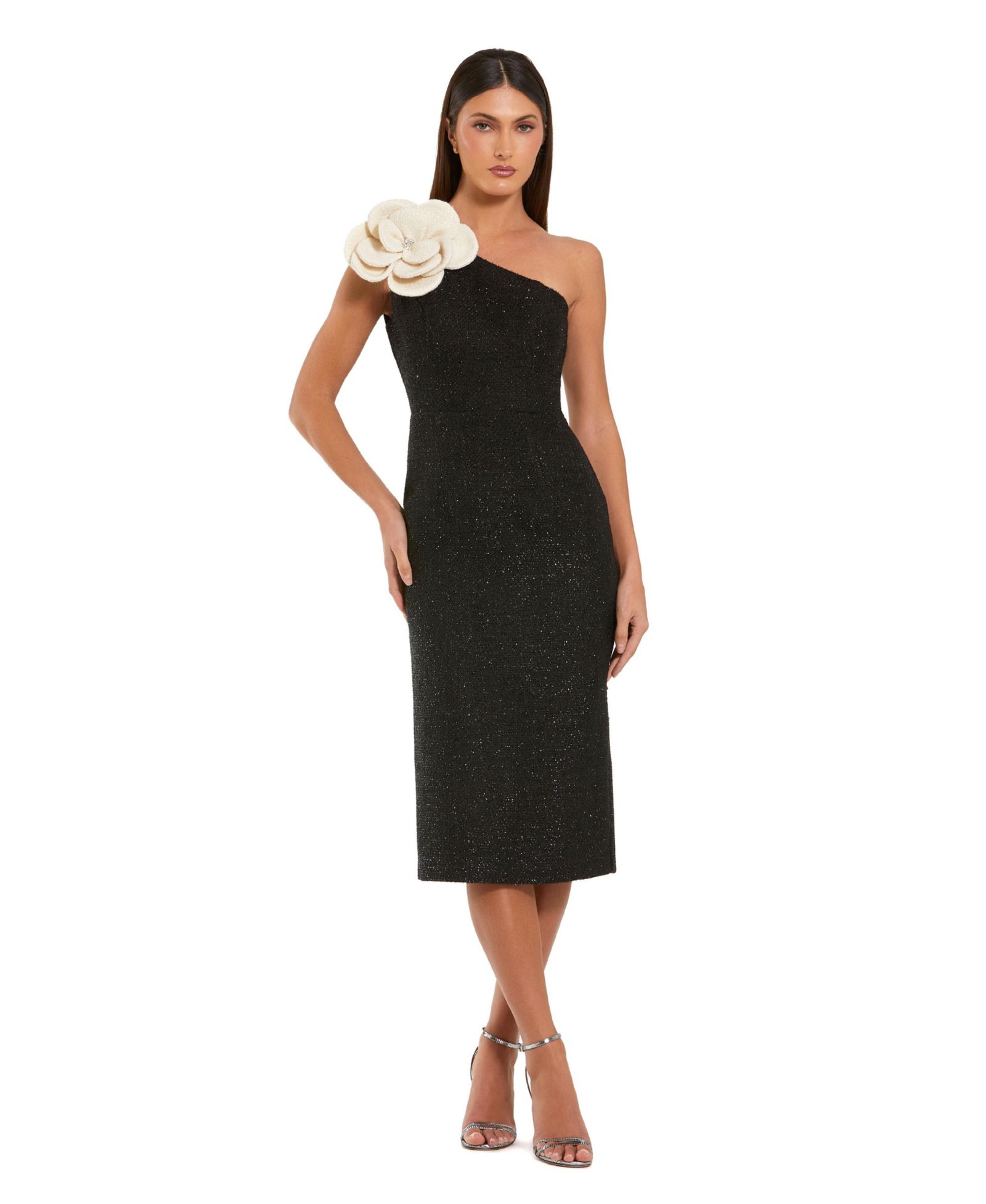 Женское миди-платье Mac Duggal One Shoulder Boucle With 3D Flower
