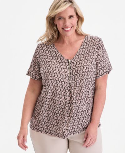 JM Collection Plus Size Zippered V-Neck Top, Macy's Exclusive