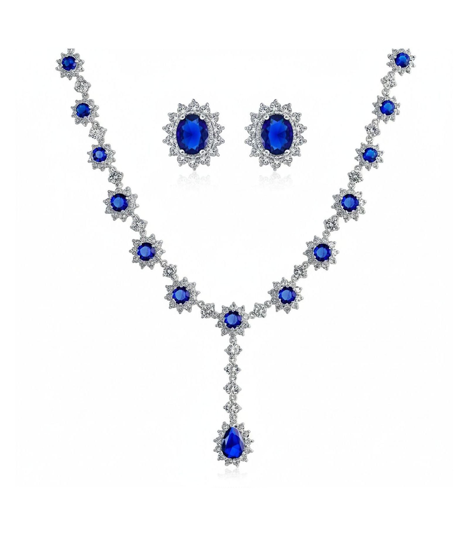 Bling Jewelry Royal Blue CZ Cubic Zirconia Statement Collar Necklace and Oval Halo Stud Earrings Jewelry Set