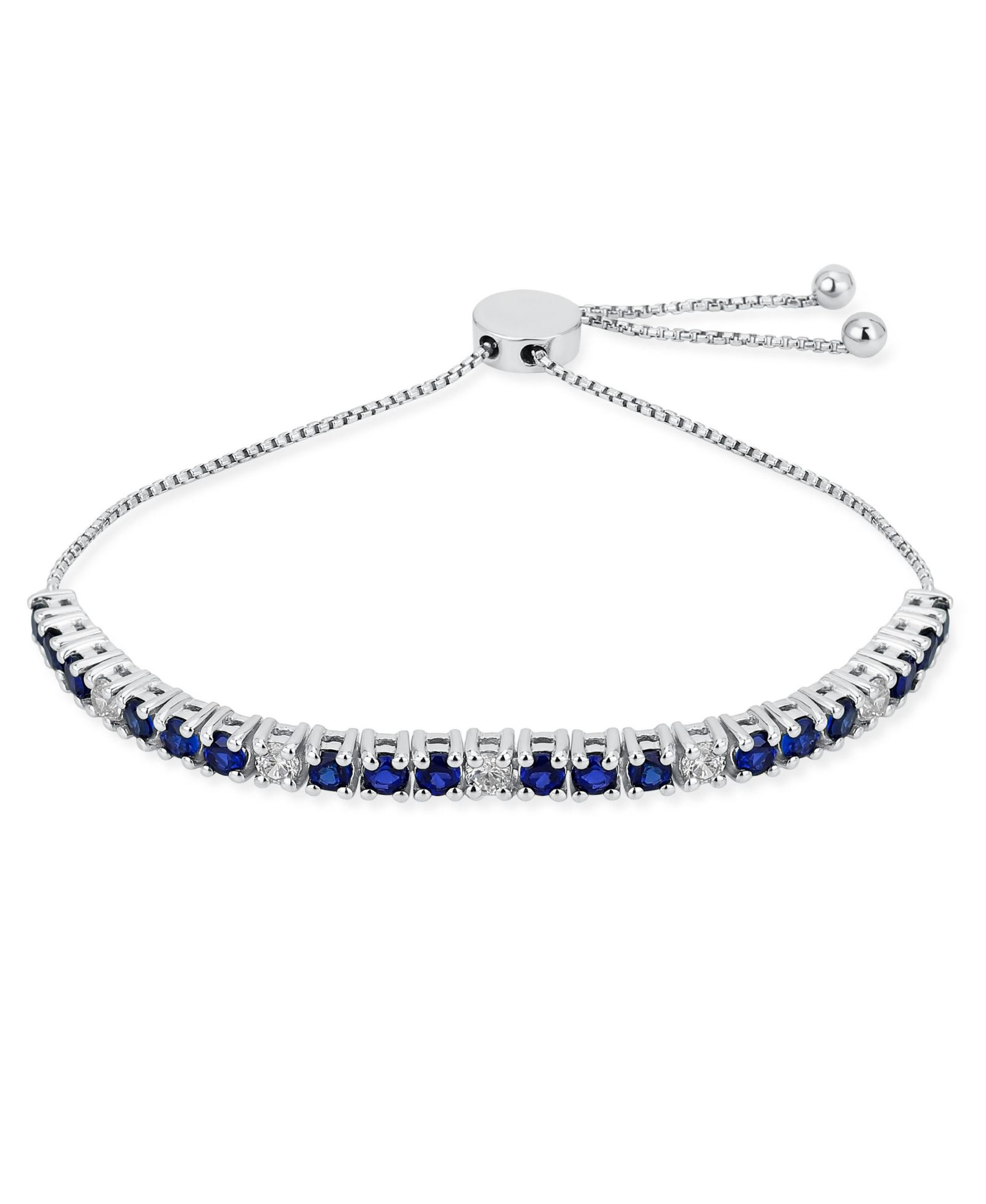 Bling Jewelry Alternating Created Blue Sapphire White Zircon Bolo Tennis Bracelet Adjustable .925 Sterling Silver