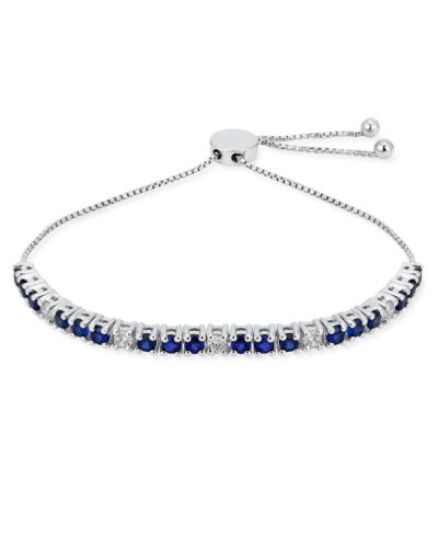 Bling Jewelry Alternating Created Blue Sapphire White Zircon Bolo Tennis Bracelet Adjustable .925 Sterling Silver