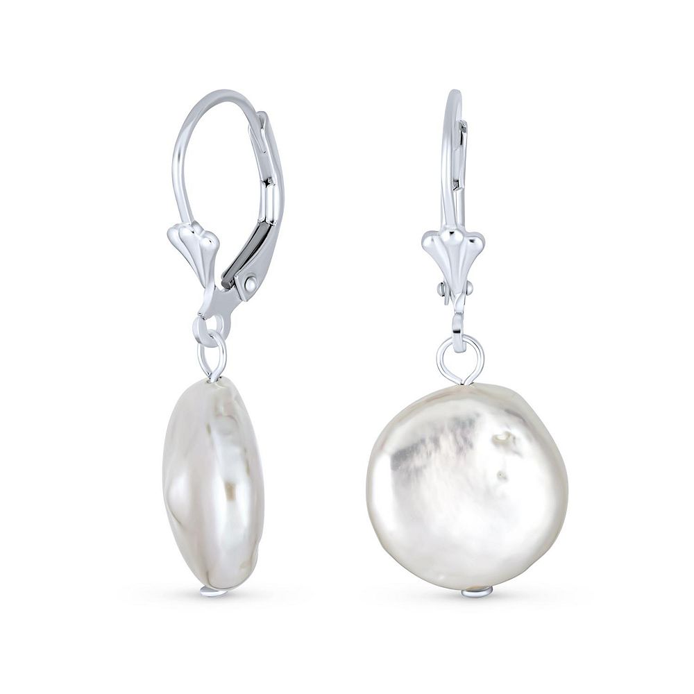Bling Jewelry Baroque Irregular Coin Shaped White Biwa Pearl Dangle Earrings .925 Sterling Silver Lever back