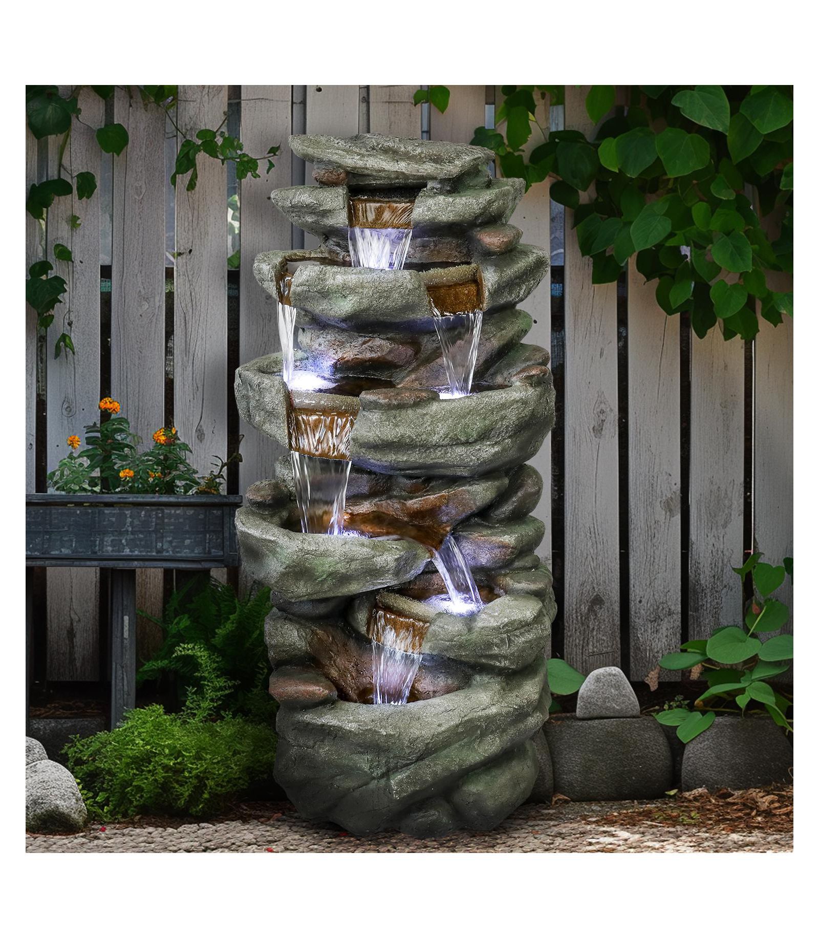 SunJet уличный водный фонтан High Rocks 40.5" - 6-уровневый каскадный водопад с LED подсветкой для сада