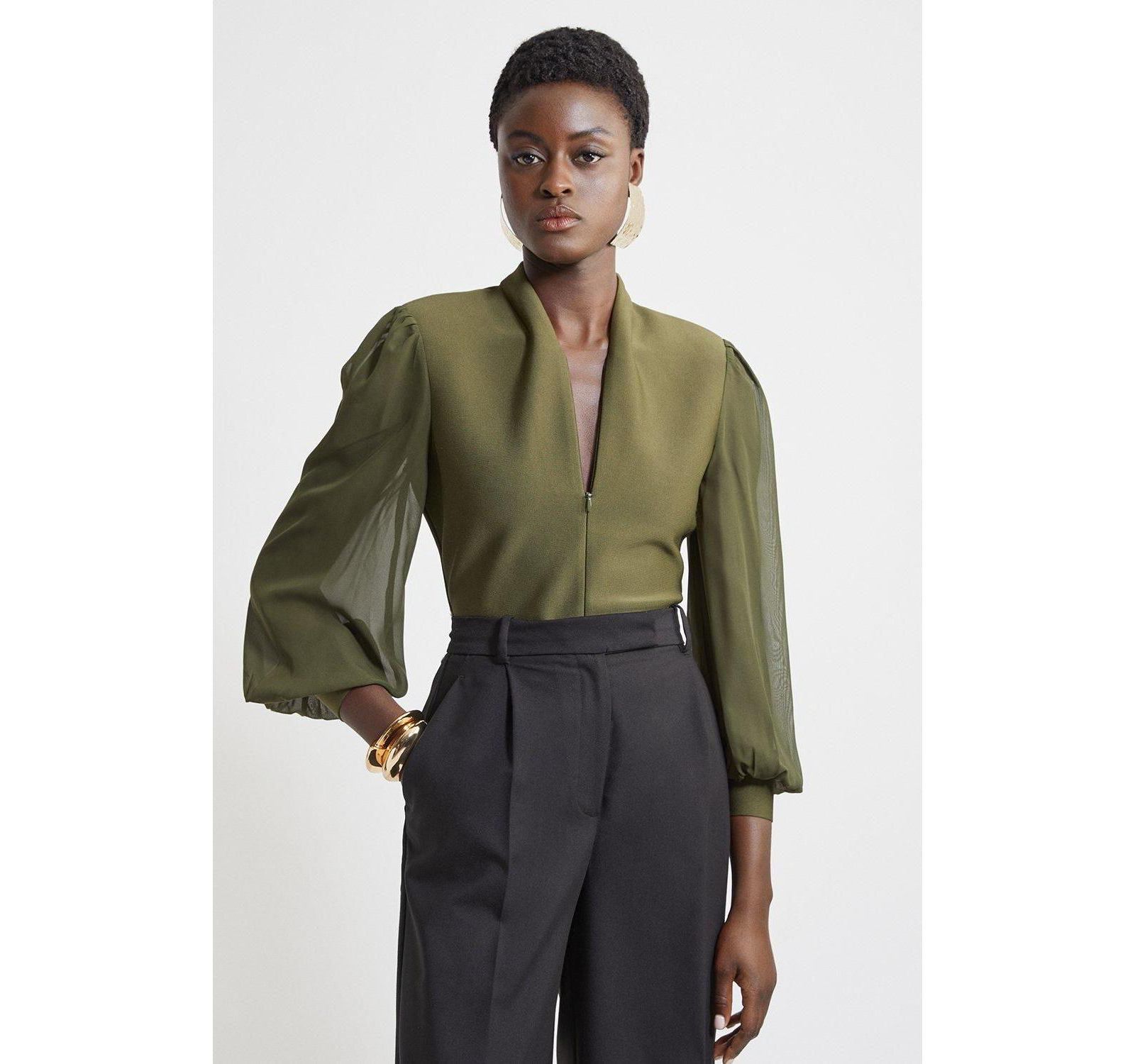 Karen Millen Women's Zip Detail Chiffon Sleeve Knit Top