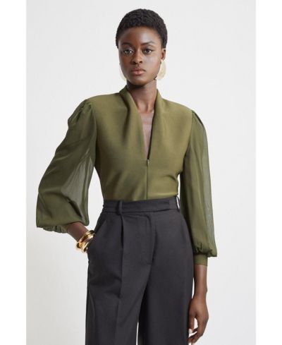 Karen Millen Women's Zip Detail Chiffon Sleeve Knit Top
