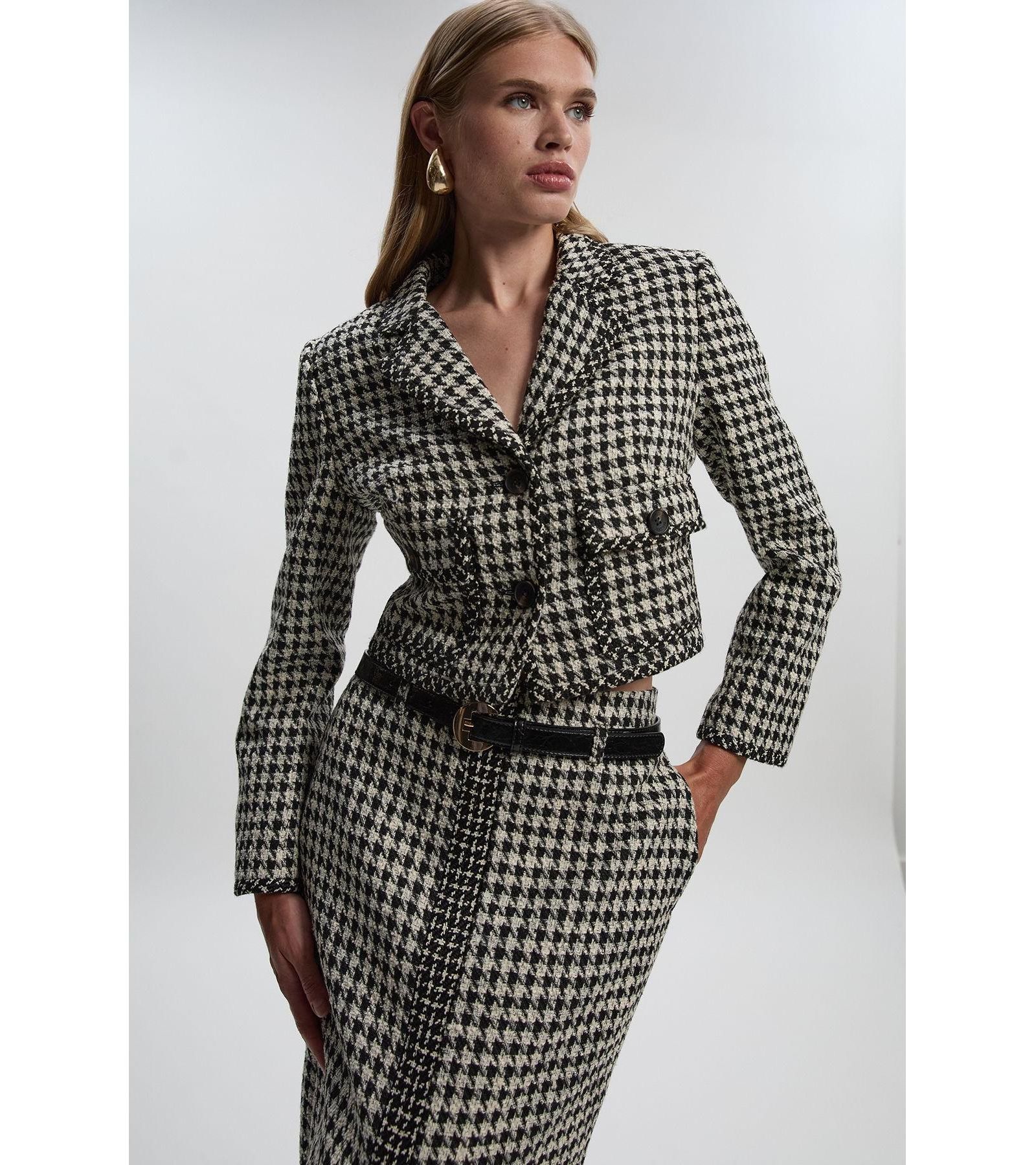 Karen Millen Women's Double Button Tweed Cropped Jacket