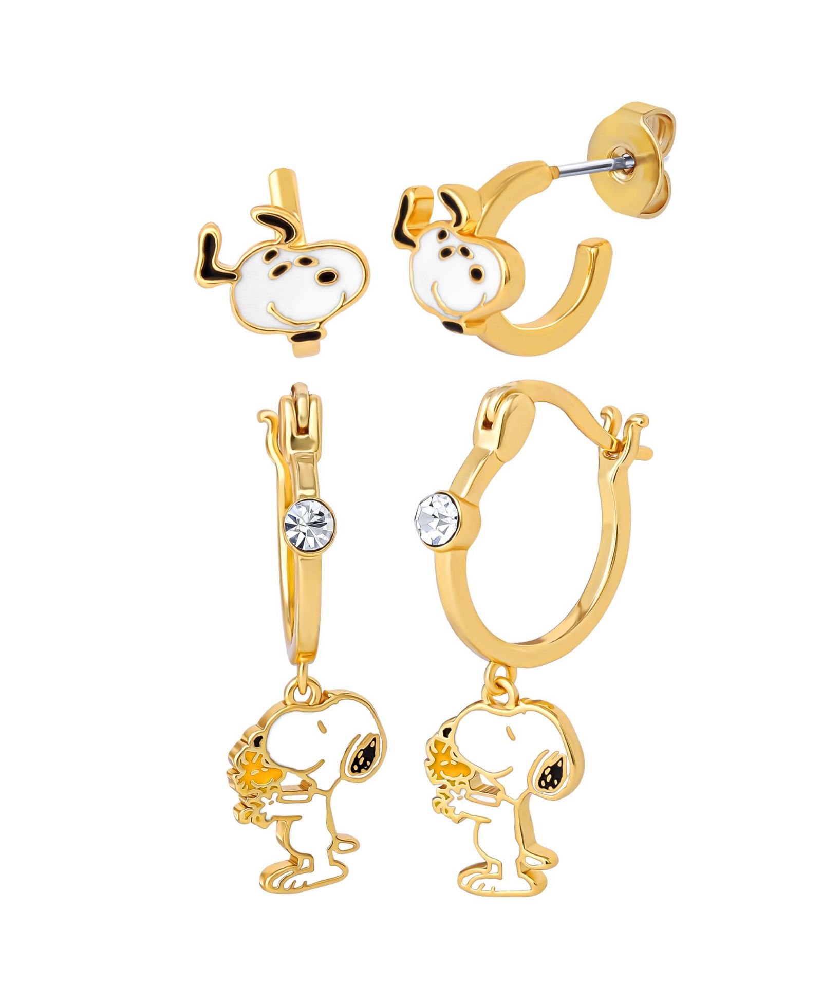 Peanuts Snoopy Earring Set, 2-Pair, Gold-Tone Studs and Dangle Hoops