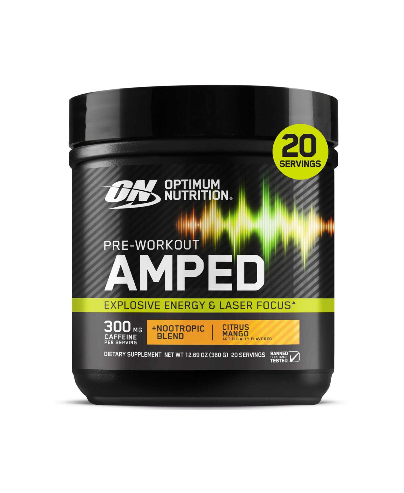 Предтренировочный порошок Optimum Nutrition Pre-Workout Amped Citrus Mango, без сахара