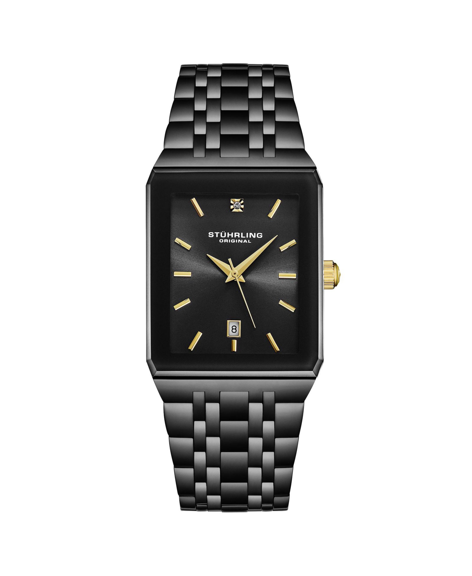 Stuhrling Empire Edge Black IP Rectangular 4084 Watch – Gold Accents Quartz Date Krysterna Crystal