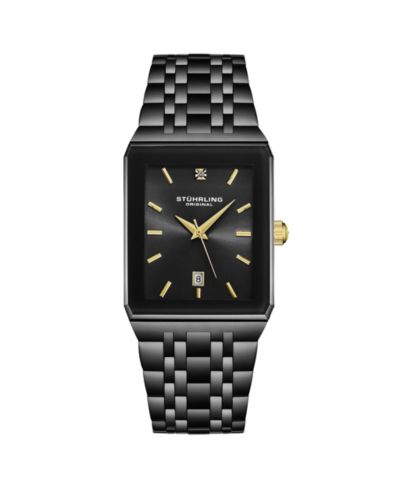 Stuhrling Empire Edge Black IP Rectangular 4084 Watch – Gold Accents Quartz Date Krysterna Crystal
