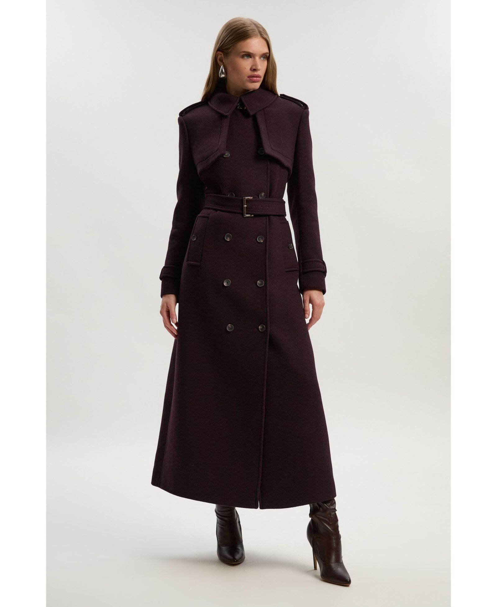 Karen Millen Women's Wool Mix Belted Trench Maxi Coat.