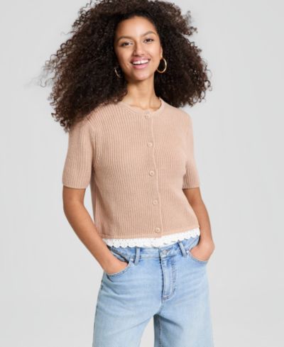 And Now This Women's Crochet-Trim Rib-Knit Sweater, Macy's Exclusive