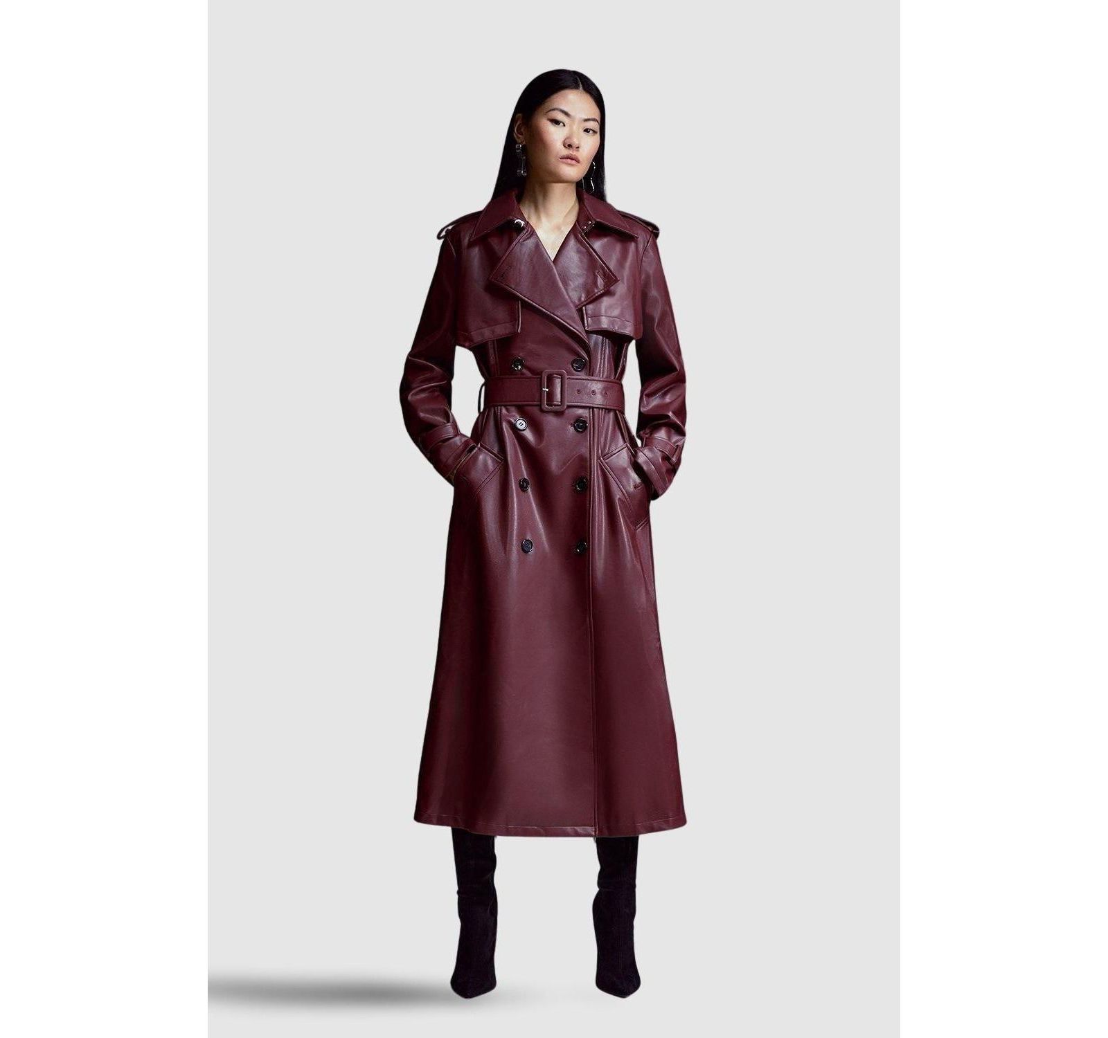 Karen Millen Women's Tailored Faux Leather Belted Trench Coat