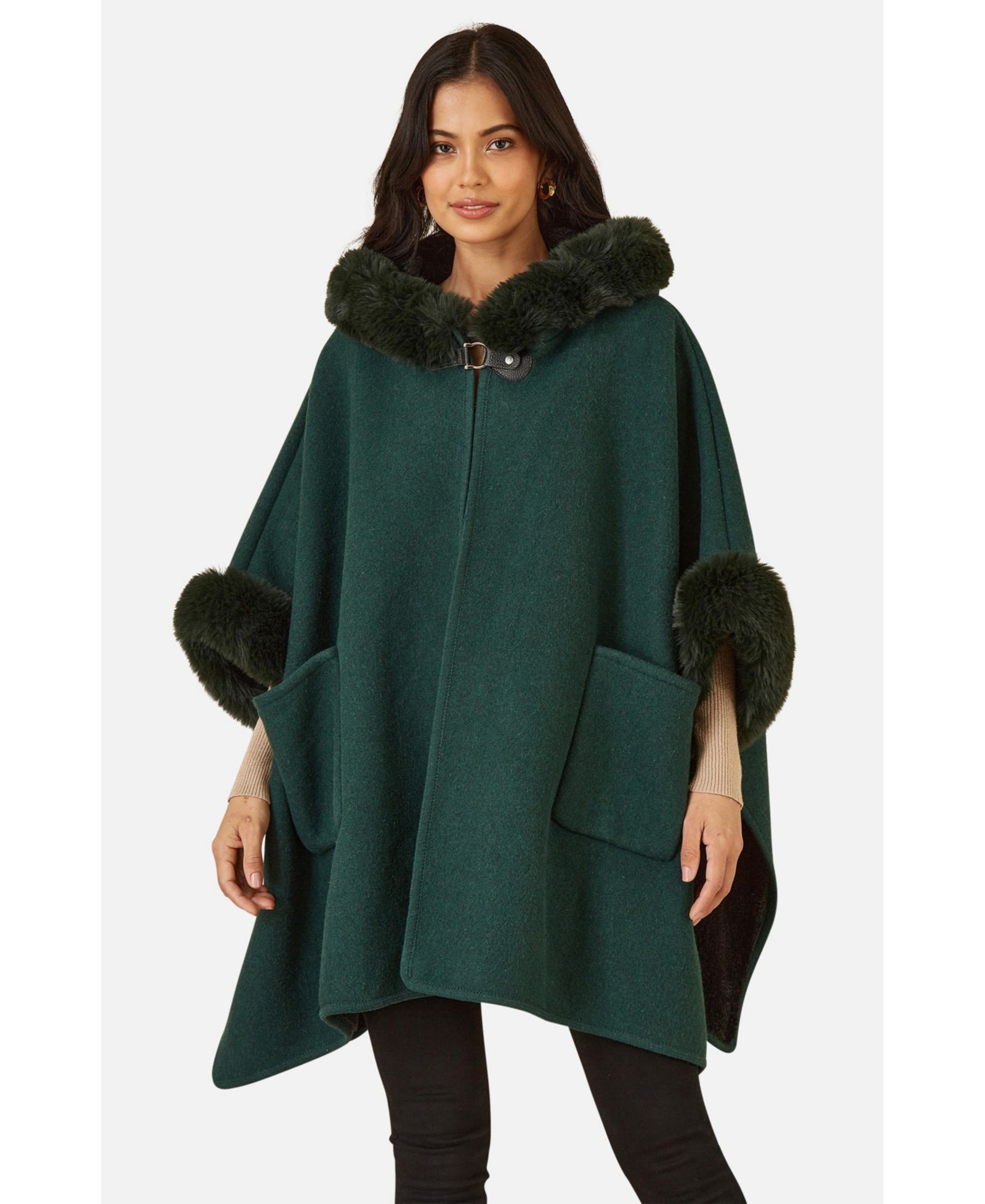 Yumi Women's Hooded Fur Cape Jacket