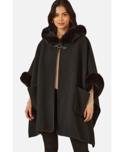 Yumi Women's Hooded Fur Cape Jacket