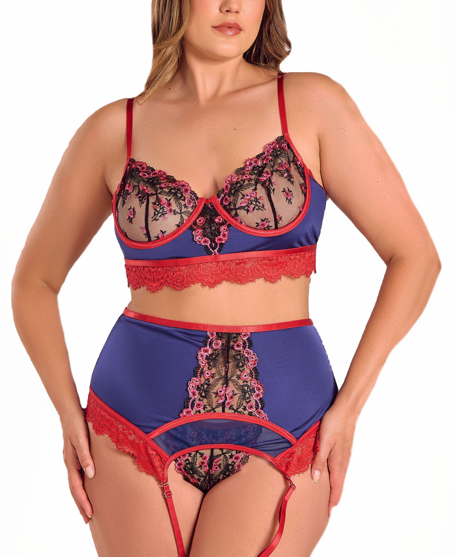 iCollection Plus Size Gypsy Lace 3-Piece Bralette Garter Lingerie Set