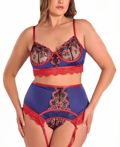 iCollection Plus Size Gypsy Lace 3-Piece Bralette Garter Lingerie Set