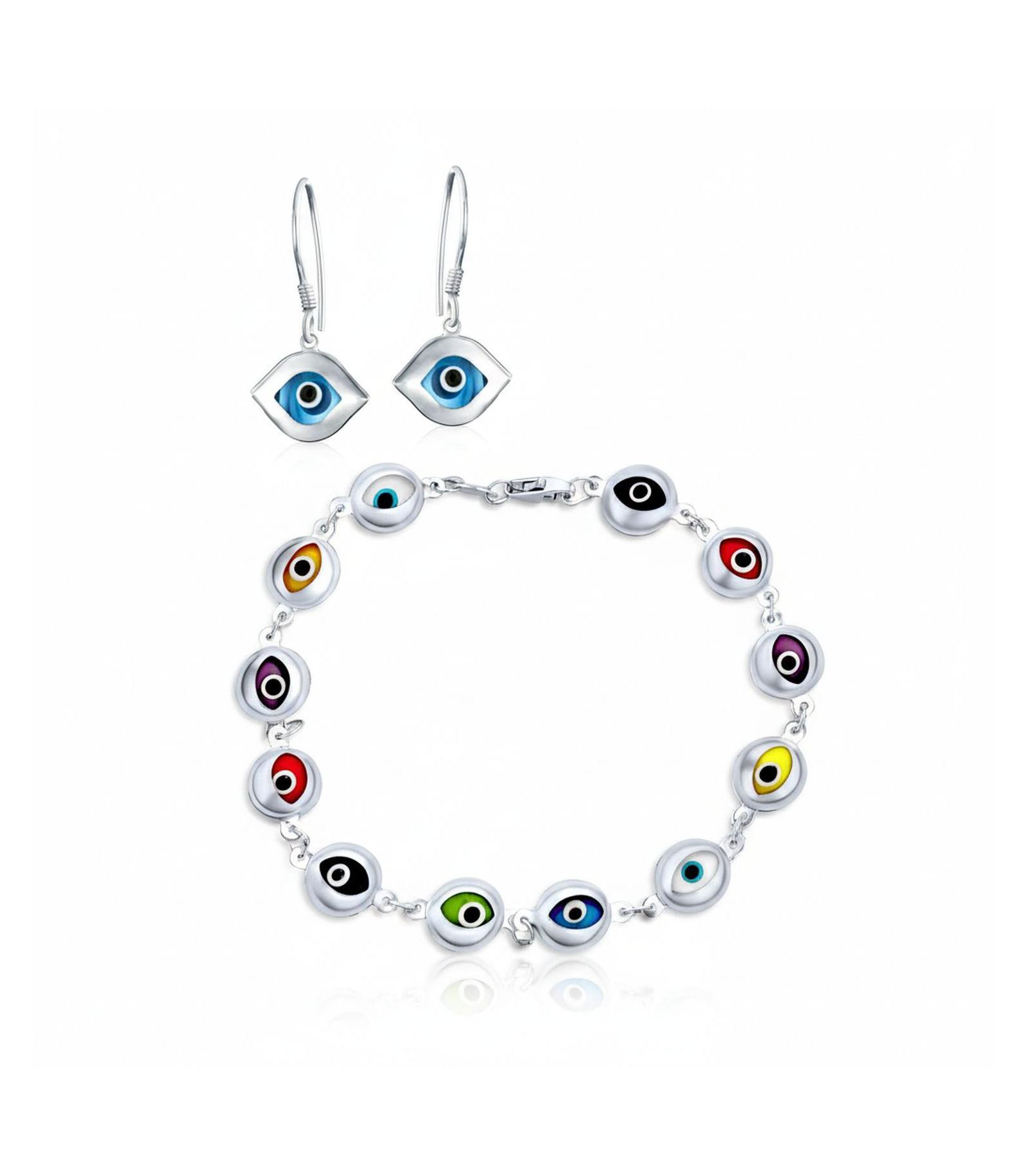 Bling Jewelry набор украшений: браслет с талисманом «Сглаз» из турецких многоцветных камней и синие серьги-подвески Назар, серебро 925 пробы