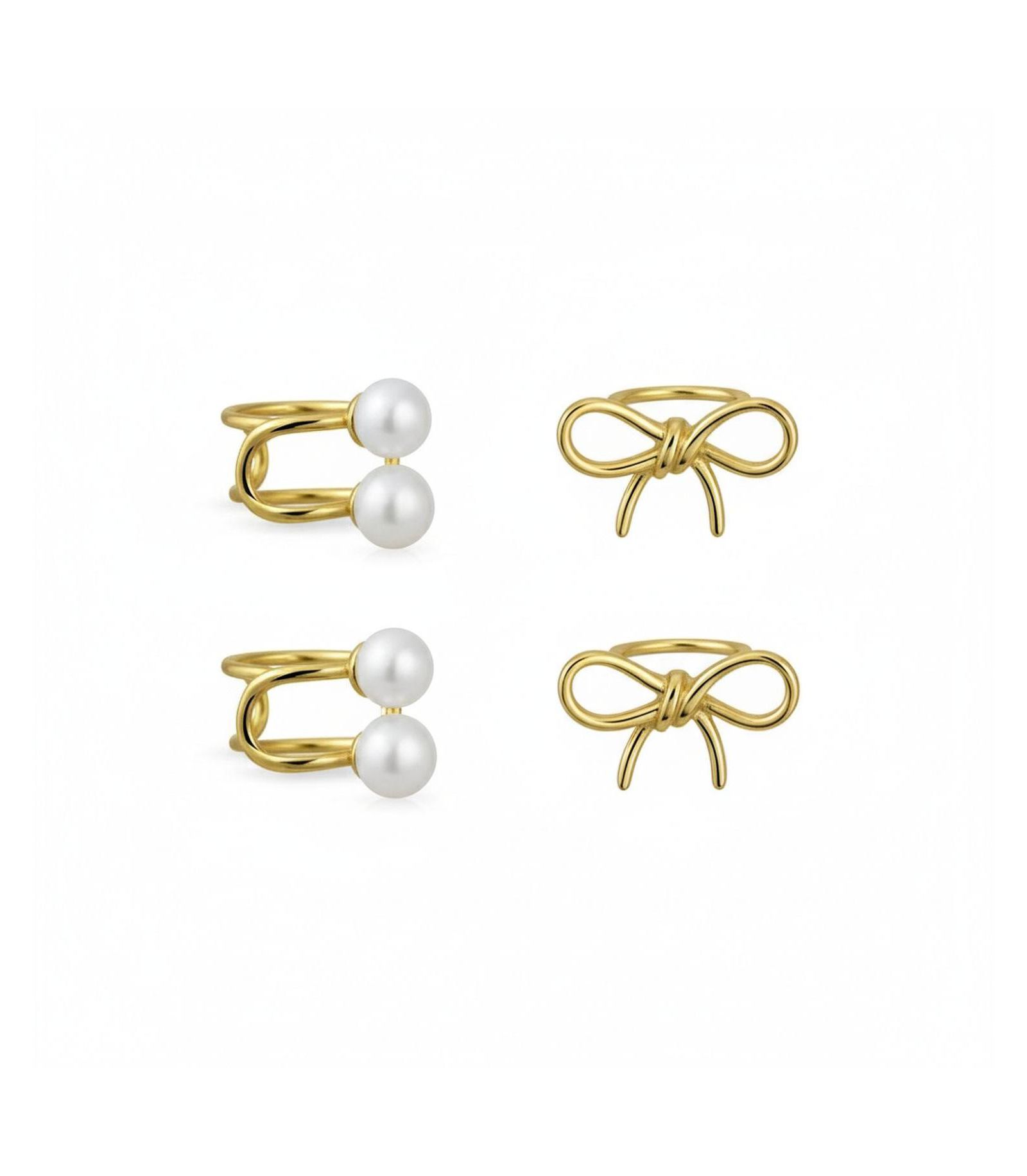 Bling Jewelry серьги cuff с бантом и жемчугом, 2 пары, Gold Sterling Silver