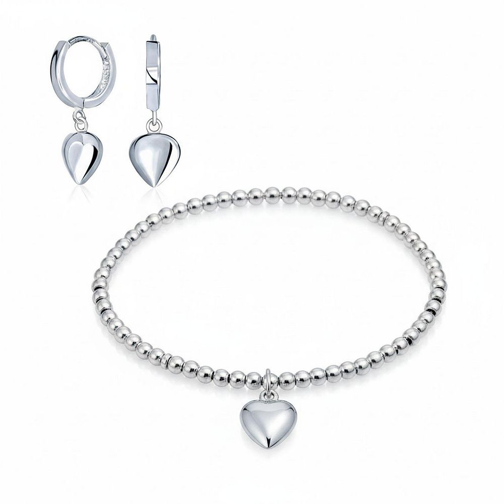 Bling Jewelry Набор украшений: растягивающийся браслет с подвеской в виде сердца и серьги-кольца из стерлингового серебра