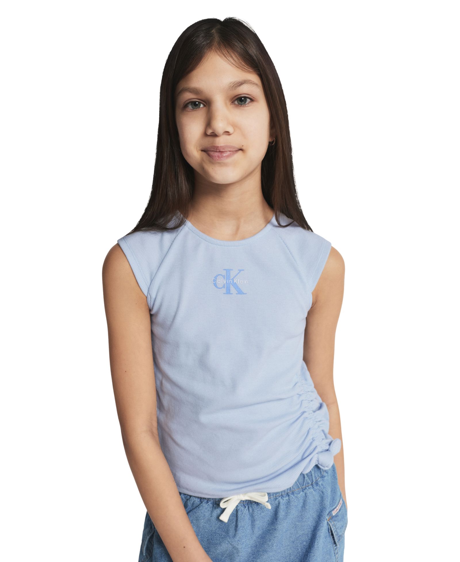 Calvin Klein Girls' 7-16 CK Side Ruched Round Neck T-Shirt