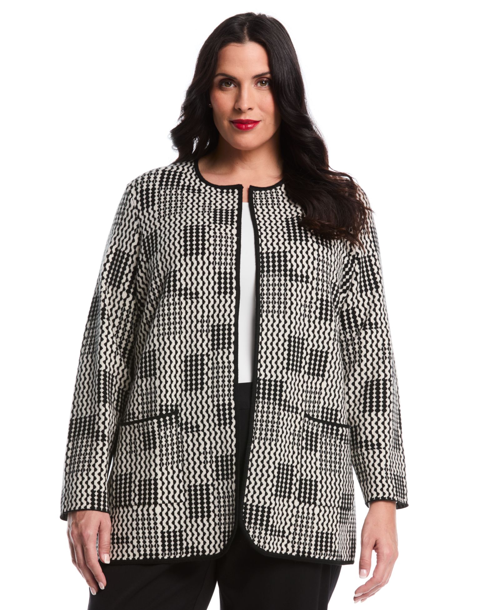 Rafaella Plus Size Plus Size Geo Patch Pocket Open Long Sleeve Cardigan