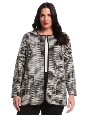 Rafaella Plus Size Plus Size Geo Patch Pocket Open Long Sleeve Cardigan