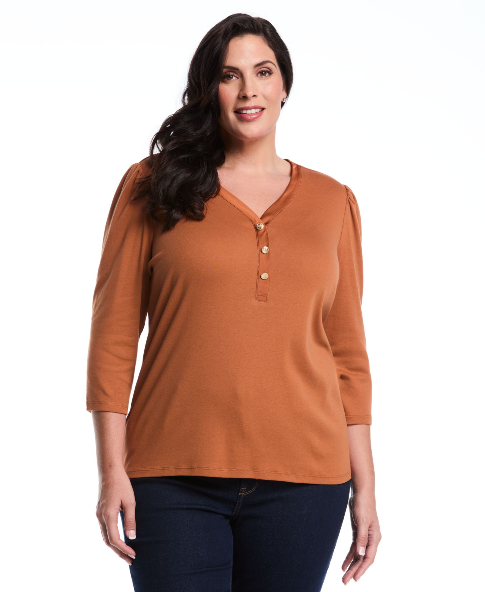 Rafaella Plus Size Plus Size 3/4 Puff Sleeve V-Neck Top