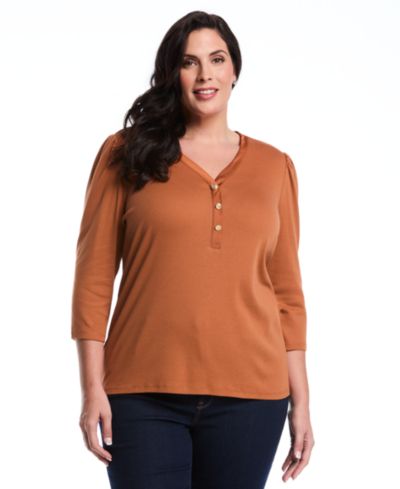 Rafaella Plus Size Plus Size 3/4 Puff Sleeve V-Neck Top