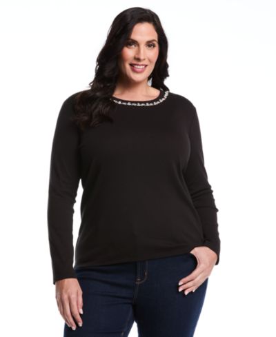Rafaella Plus Size Plus Size Embellished Neck Long Sleeve Top