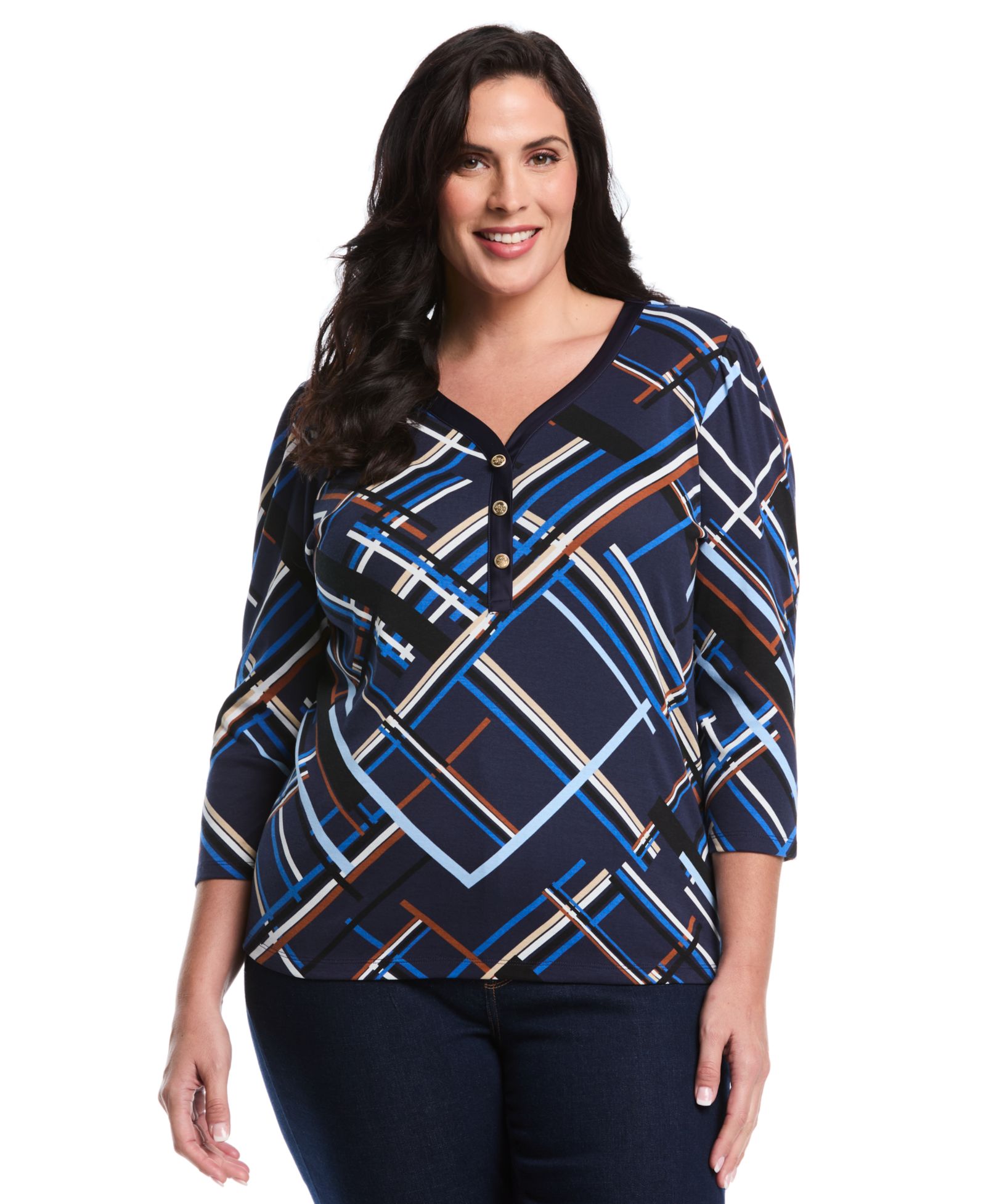 Rafaella Plus Size Plus Size Tossed Stripe Print 3/4 Puff Sleeve V-Neck Top