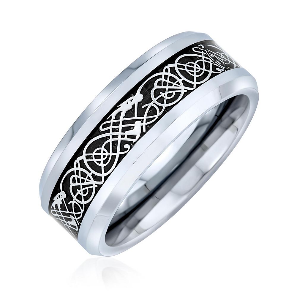 Bling Jewelry Two-Tone Celtic Dragon Knot Carbon Fiber Inlay Wedding Band Ring 8MM Titanium