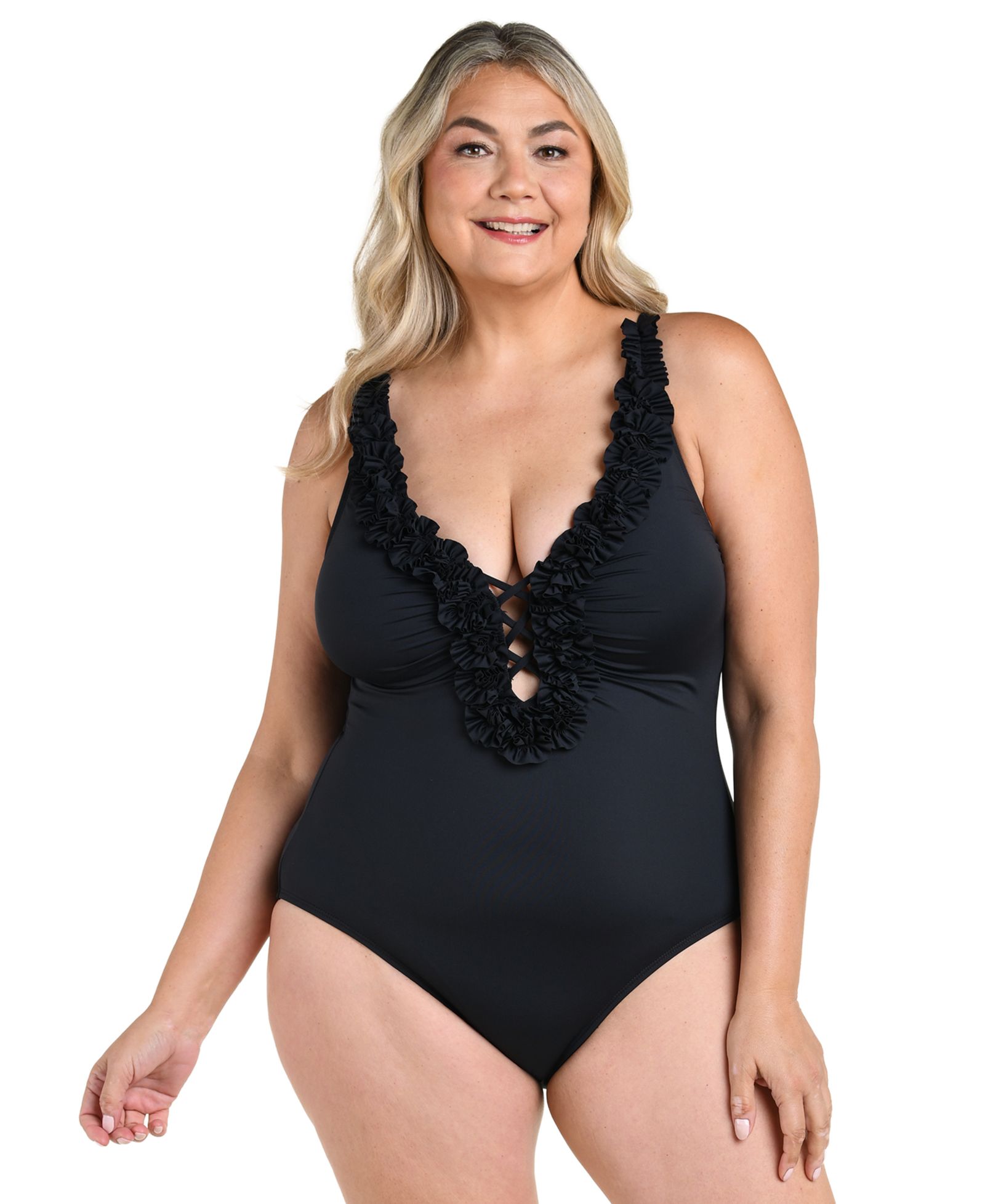 La Blanca Plus Size Island Goddess с рюшами и V-образным вырезом слитный купальник